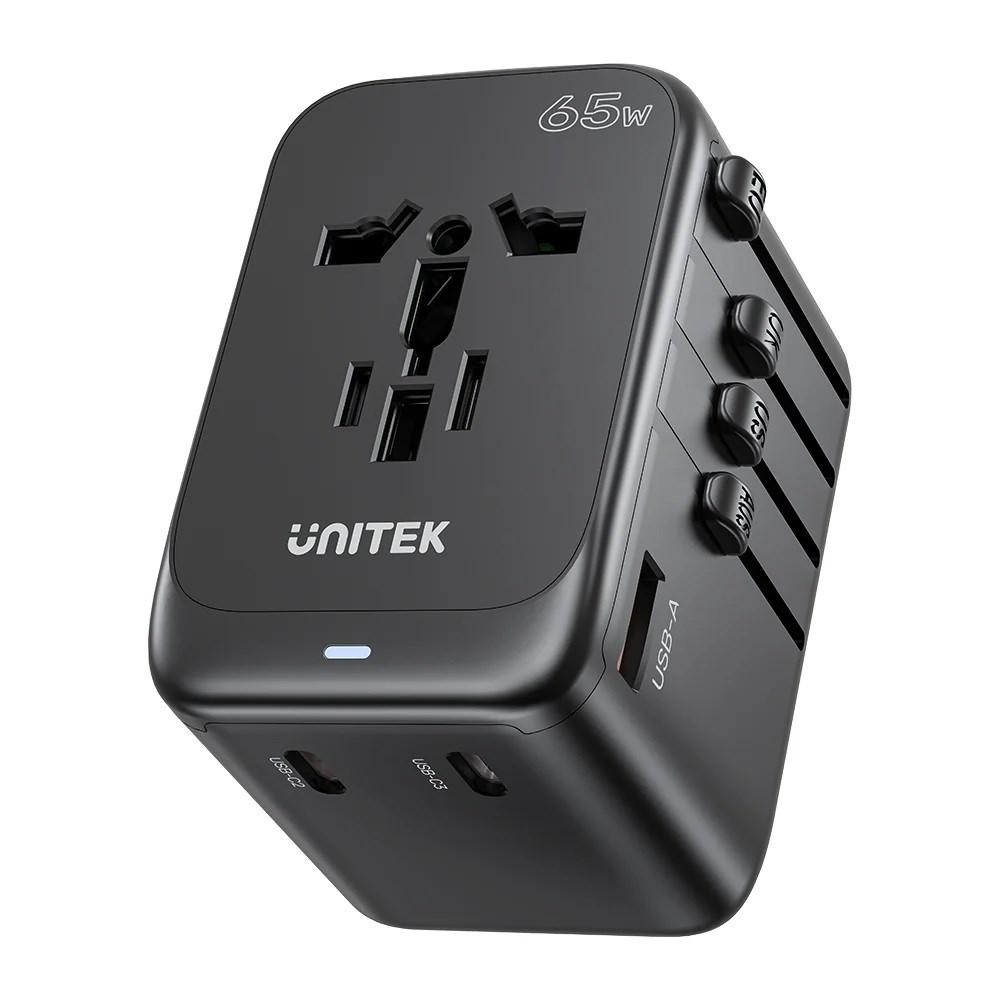 UNITEK P1122ABK01 65W universel rejseadapter – 1x USB-A, 3x USB-C, 1x AC