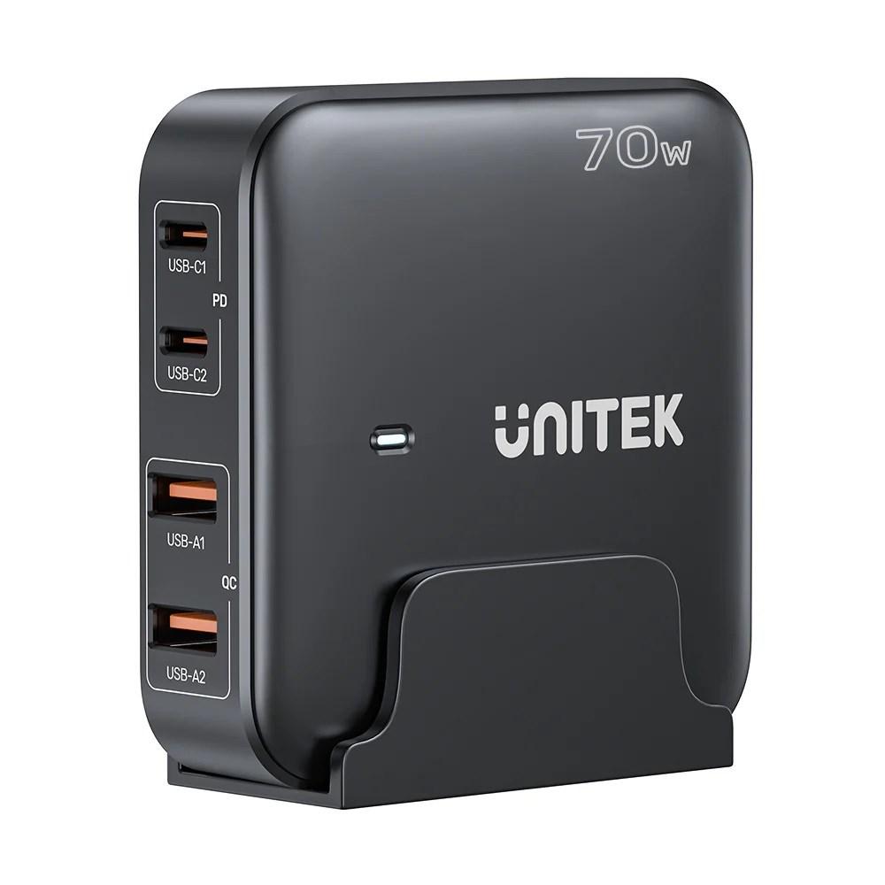 Unitek P1228ABK01-EU GaN vægoplader – 70 W, 2× USB‑C + 2× USB‑A (EU)