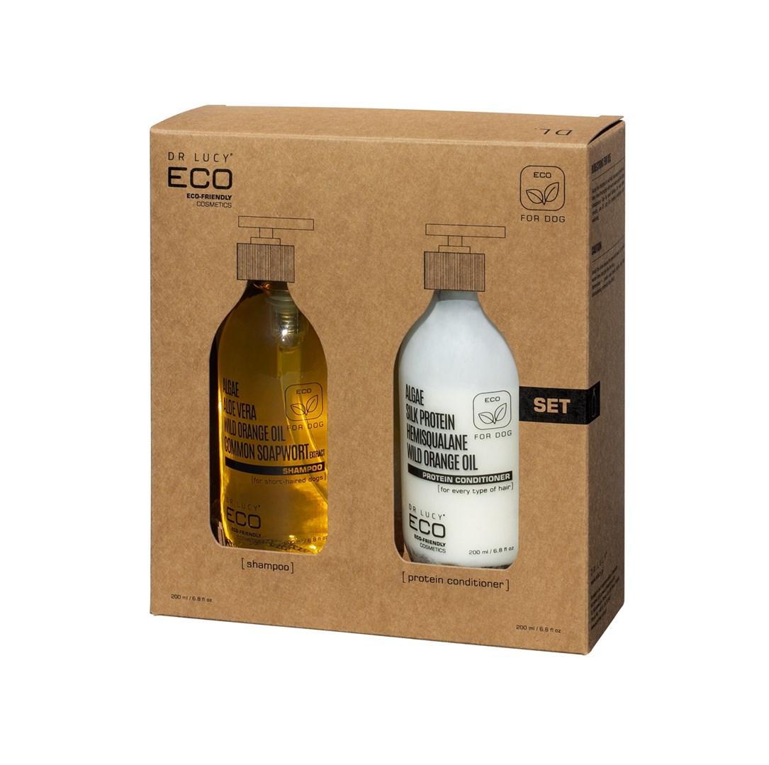 DR LUCY ECO – Shampoo + Balsam sæt til kort pels – hund