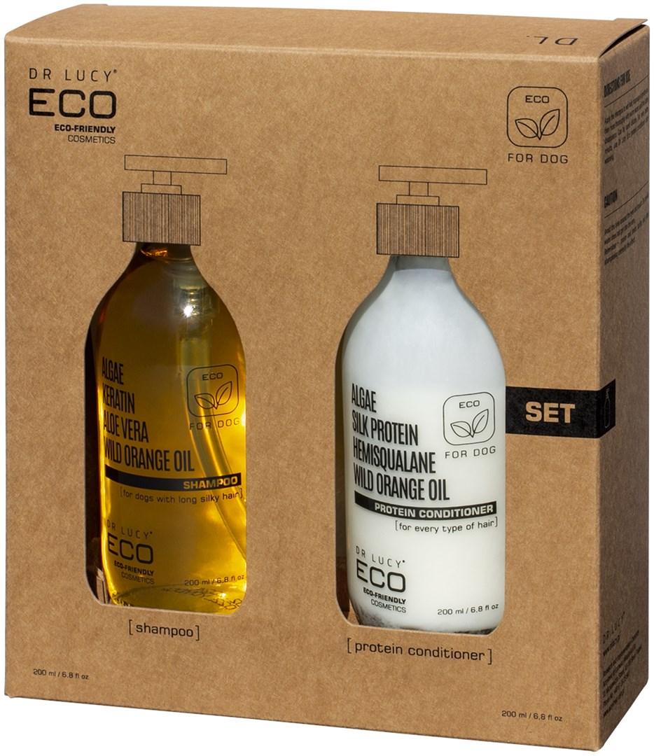 Dr Lucy ECO sæt – shampoo til lang pels + proteinbalsam til hunde, 2 × 200 ml