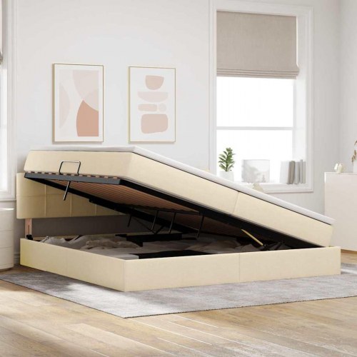 Seng med opbevaring og LED med madras Creme 200 x 200 cm Stof
