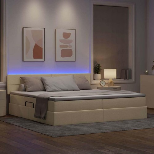 Seng med opbevaring og LED med madras Creme 200 x 200 cm Stof