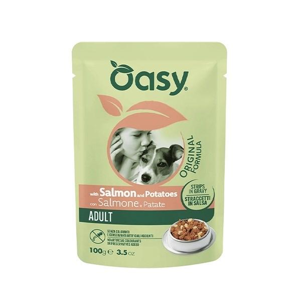 Oasy Strips i sauce Adult med laks og kartofler – vådfoder til hunde 100 g