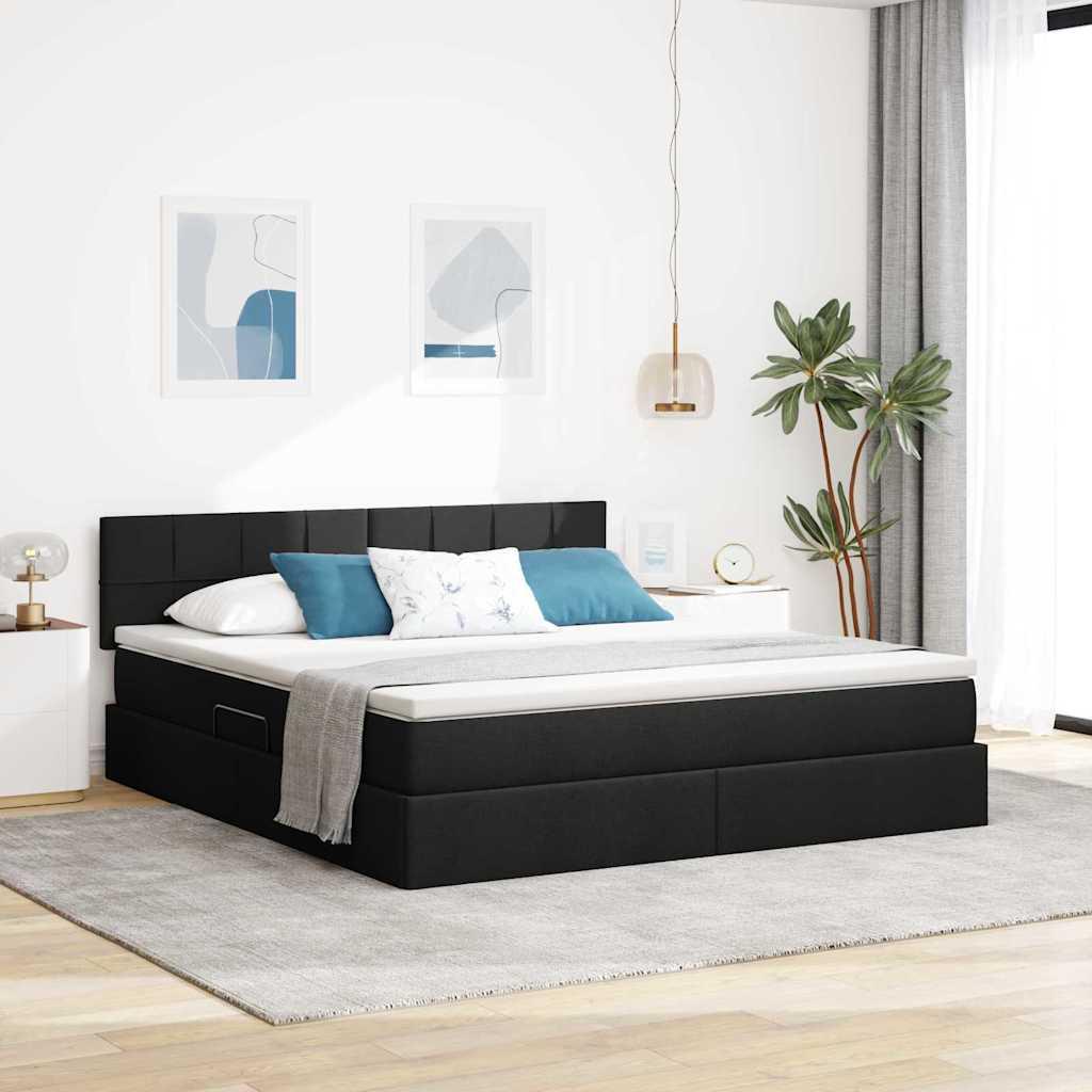 Seng med opbevaring og LED med madras Sort 160 x 200 cm Stof