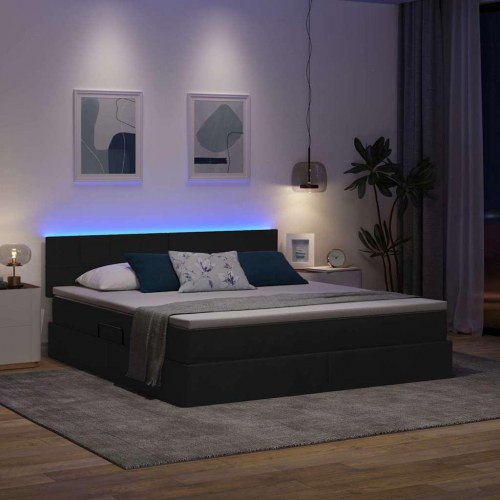 LED opbevaringsseng med madras - sort stof 160 x 200 cm