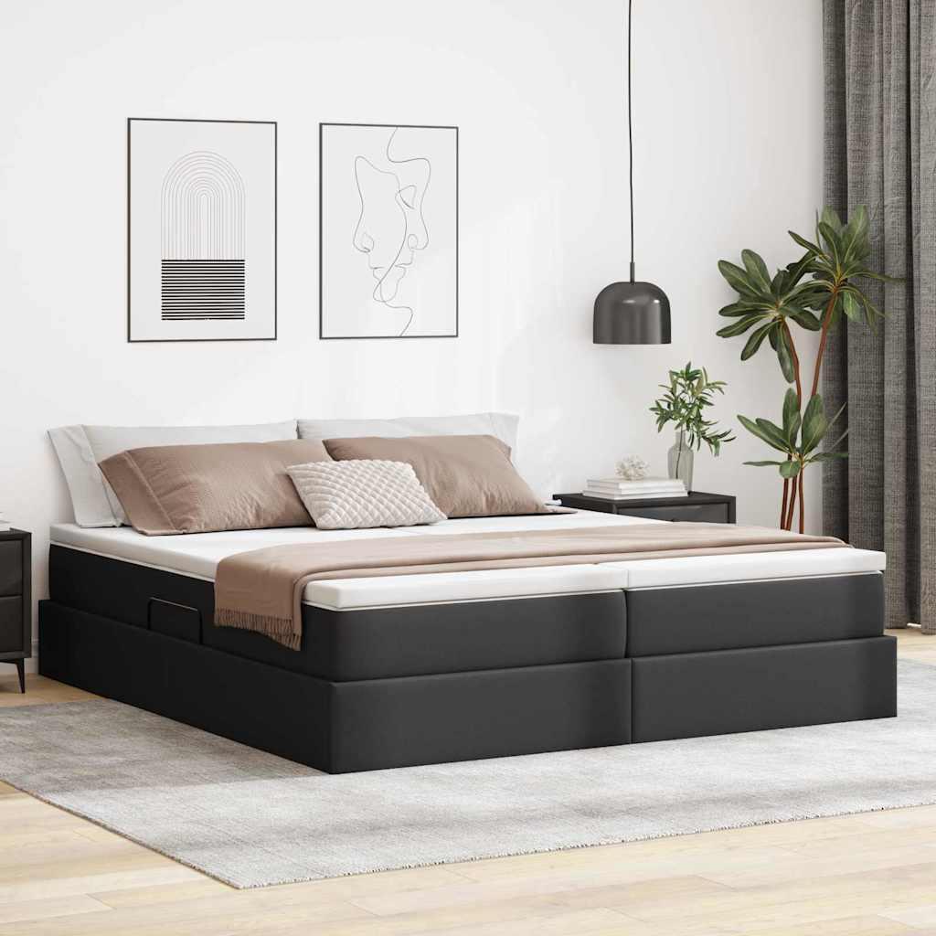 Seng med opbevaring og madras - sort kunstlæder 180 × 200 cm