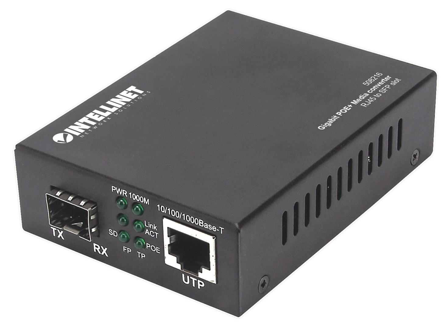 Intellinet Gigabit PoE+ mediekonverter - RJ45 til SFP, PoE+ injector billede