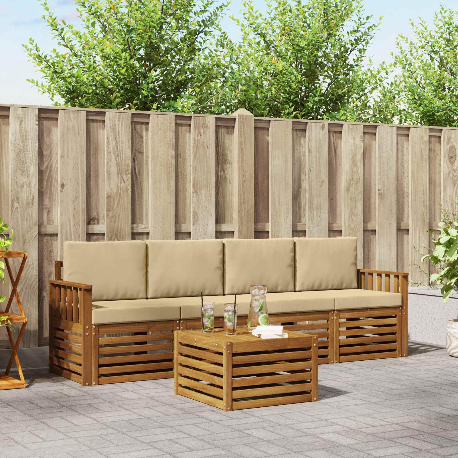 Sofasæt 5 Dele Massivt Akacietræ - Naturlig og beige / Lodrette lameller