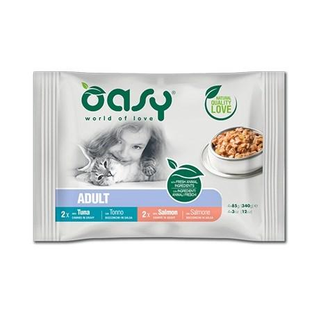 Oasy Adult vådfoder til kat – Chunks i sovs, Fiskemix 4×85 g