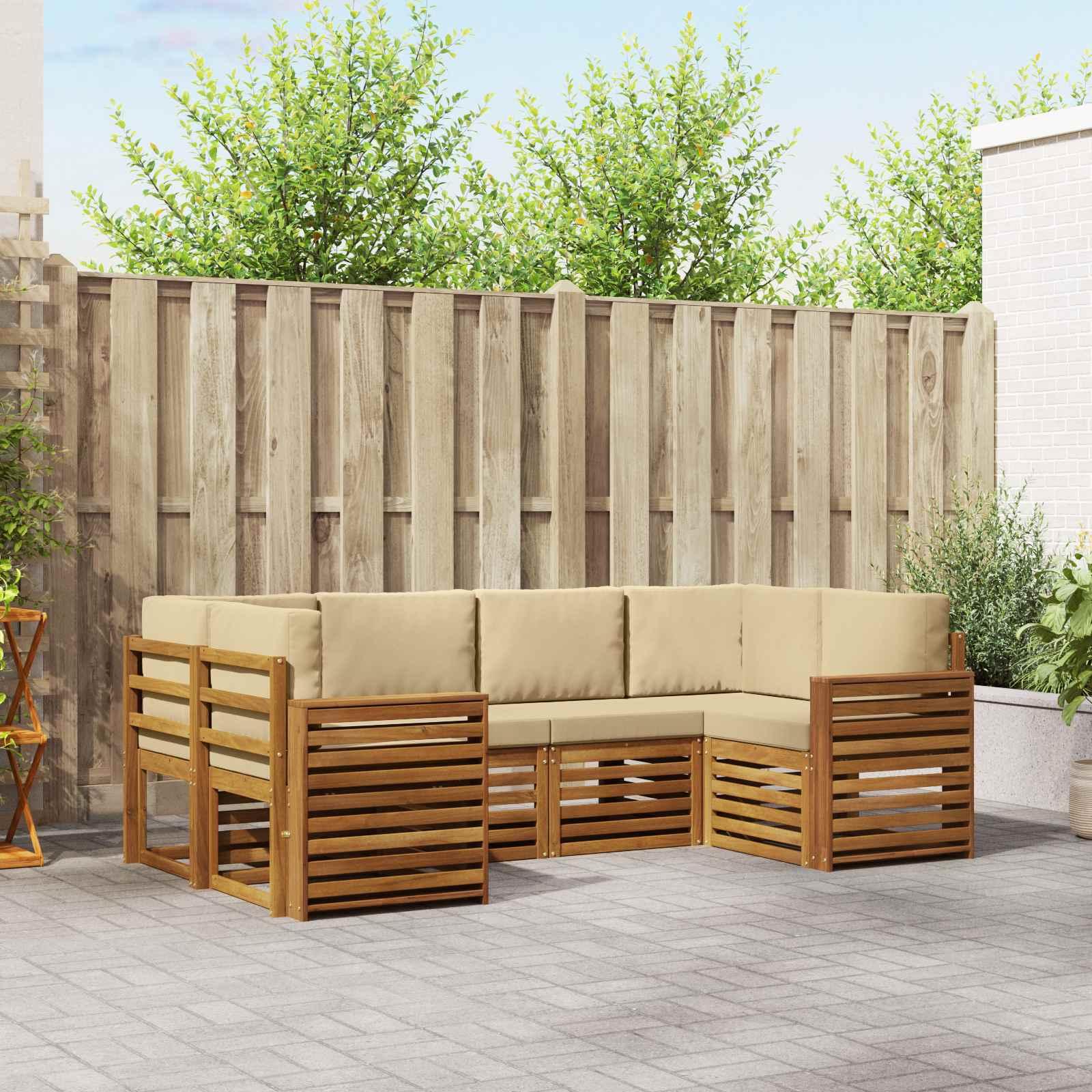 Sektionalsofa sæt med puder - 6 dele i massivt akacietræ, naturlig/beige