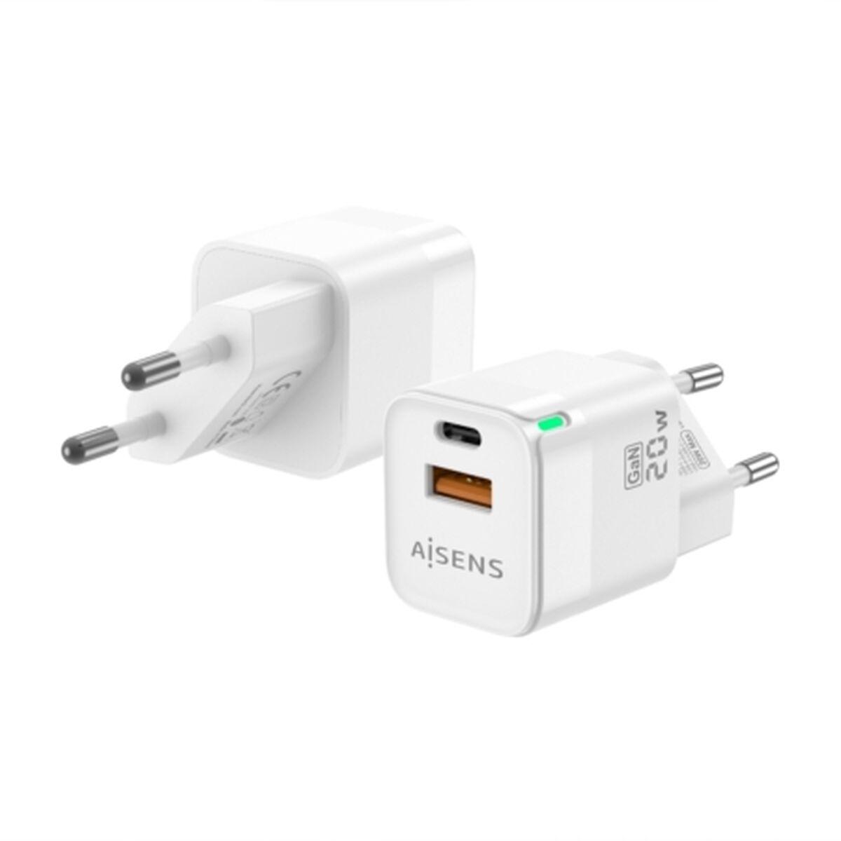 Aisens ASCH-20W2P002-W vægoplader - 20 W USB-C + USB-A GaN, hvid