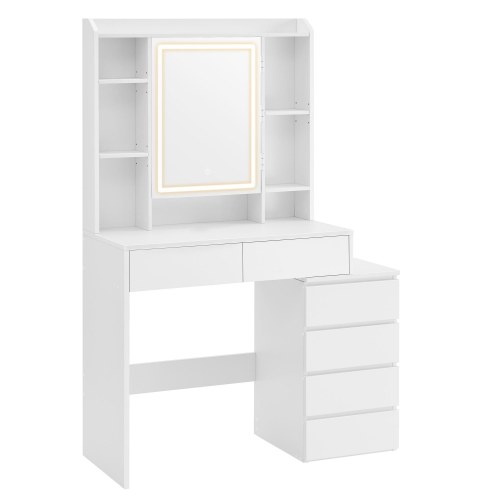 Makeupbord med LED-lys, spejl og skuffer – 40 × 98,3 × 145 cm, moderne toiletbord i cloud hvid