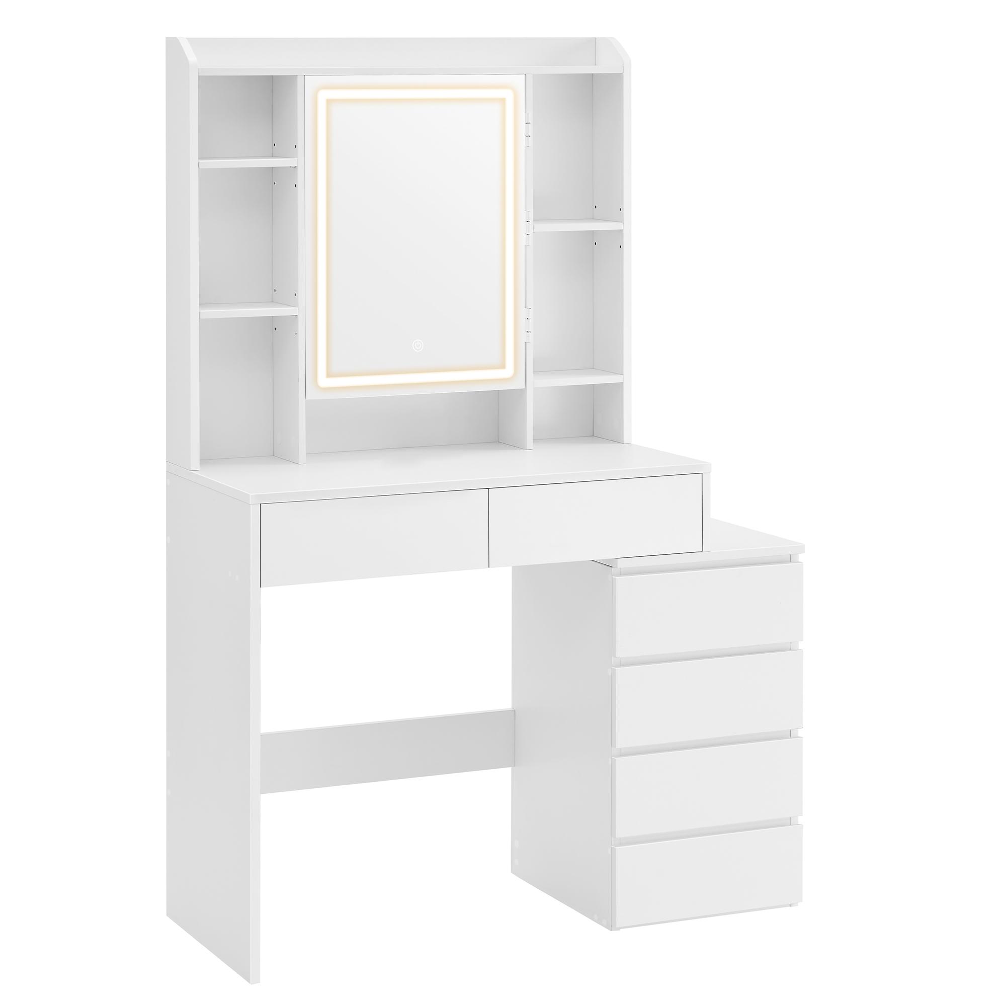 Makeupbord med LED-lys, spejl og skuffer – 40 × 98,3 × 145 cm, moderne toiletbord i cloud hvid