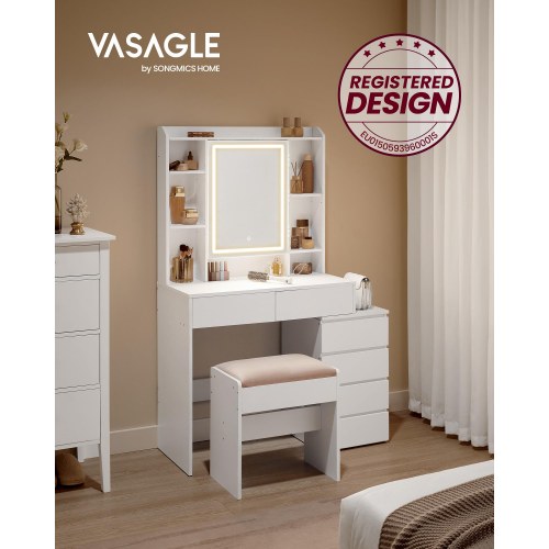 Makeupbord med LED-lys, spejl og skuffer – 40 × 98,3 × 145 cm, moderne toiletbord i cloud hvid