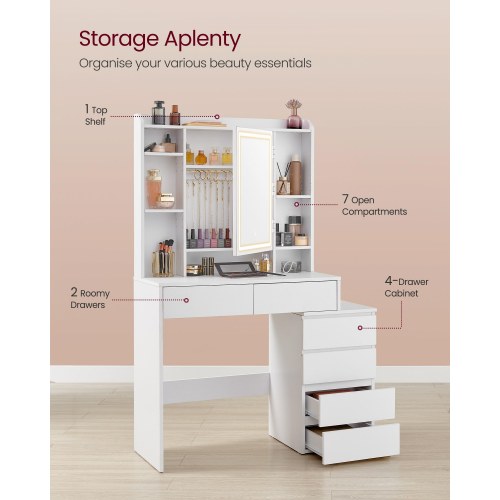 Makeupbord med LED-lys, spejl og skuffer – 40 × 98,3 × 145 cm, moderne toiletbord i cloud hvid