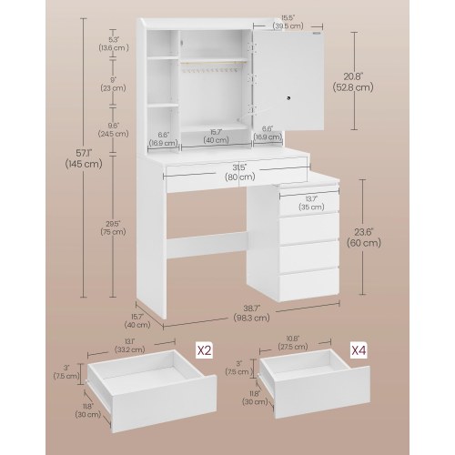 Makeupbord med LED-lys, spejl og skuffer – 40 × 98,3 × 145 cm, moderne toiletbord i cloud hvid