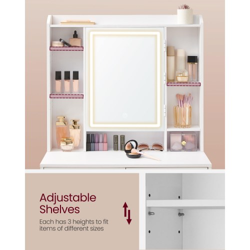 Makeupbord med LED-lys, spejl og skuffer – 40 × 98,3 × 145 cm, moderne toiletbord i cloud hvid