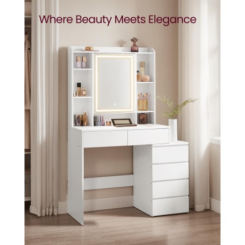 Makeupbord med LED-lys, spejl og skuffer – 40 × 98,3 × 145 cm, moderne toiletbord i cloud hvid