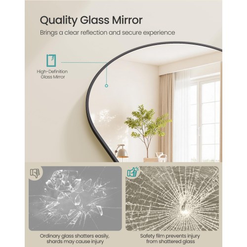 Fuldfigurs gulvspejl med bue og støtte - hærdet glas, aluminiumsramme, 160 × 50 cm, mat sort