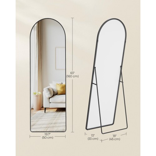Fuldfigurs gulvspejl med bue og støtte - hærdet glas, aluminiumsramme, 160 × 50 cm, mat sort