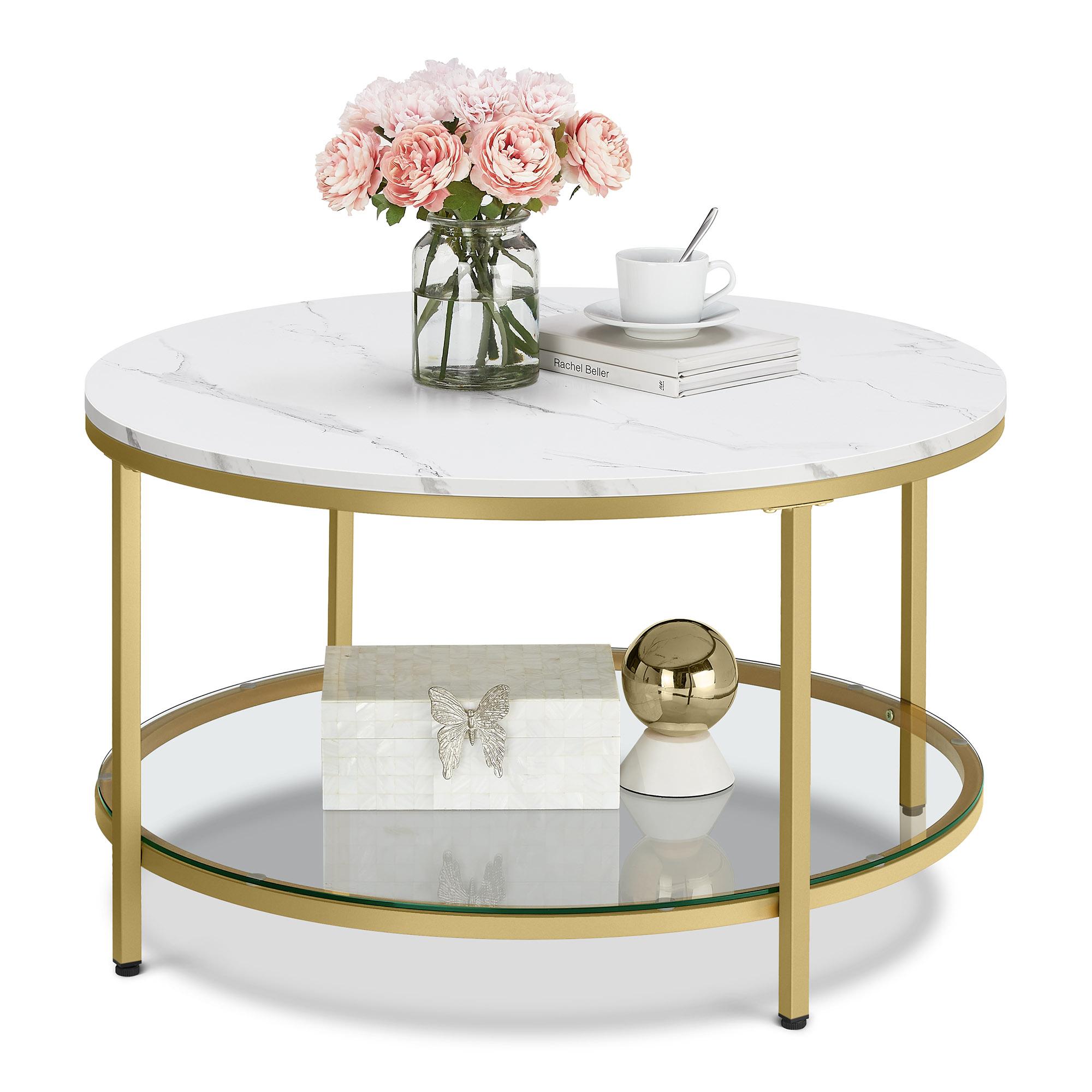 Rundt sofabord i faux marmor med glas-hylde – moderne, hvid marmor og gylden metalramme (LCT071W59)