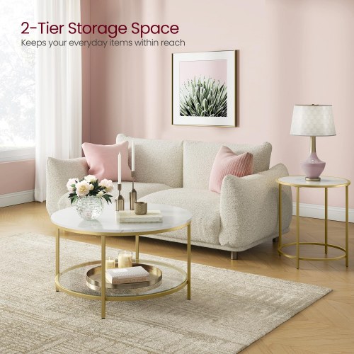 Rundt sofabord i faux marmor med glas-hylde – moderne, hvid marmor og gylden metalramme (LCT071W59)