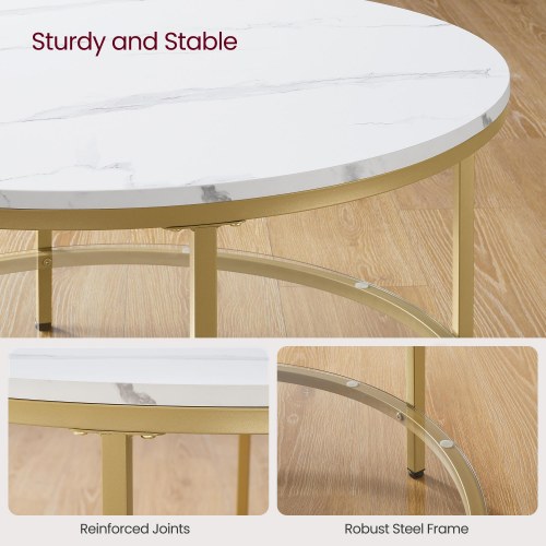 Rundt sofabord i faux marmor med glas-hylde – moderne, hvid marmor og gylden metalramme (LCT071W59)