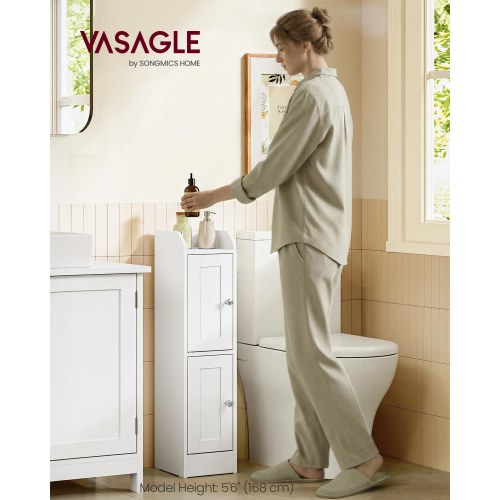 Slankt badeværelsesskab – hjørneskab til gulv, smal toiletrulleopbevaring, justerbare hylder, venstre/højre-hængte døre – Cloud White