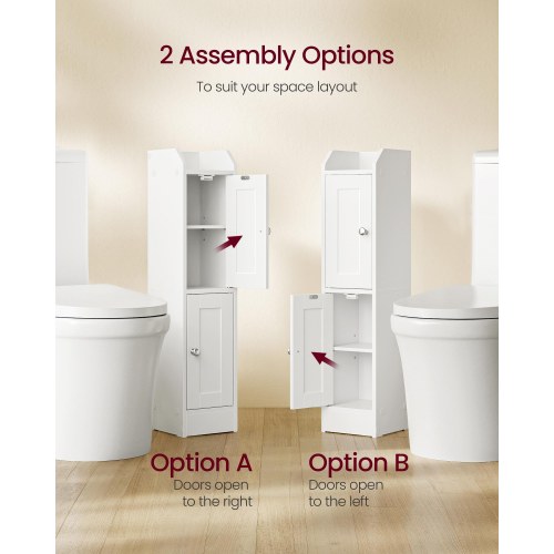 Slankt badeværelsesskab – hjørneskab til gulv, smal toiletrulleopbevaring, justerbare hylder, venstre/højre-hængte døre – Cloud White