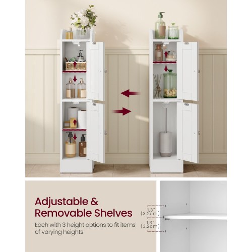 Slankt badeværelsesskab – hjørneskab til gulv, smal toiletrulleopbevaring, justerbare hylder, venstre/højre-hængte døre – Cloud White