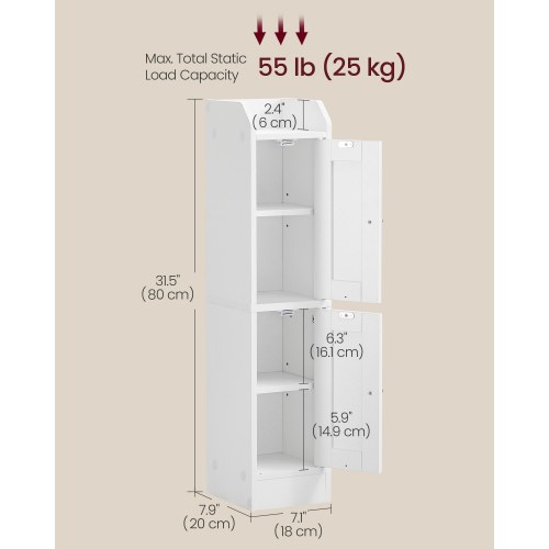Slankt badeværelsesskab – hjørneskab til gulv, smal toiletrulleopbevaring, justerbare hylder, venstre/højre-hængte døre – Cloud White