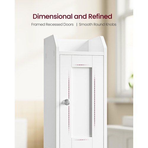 Slankt badeværelsesskab – hjørneskab til gulv, smal toiletrulleopbevaring, justerbare hylder, venstre/højre-hængte døre – Cloud White