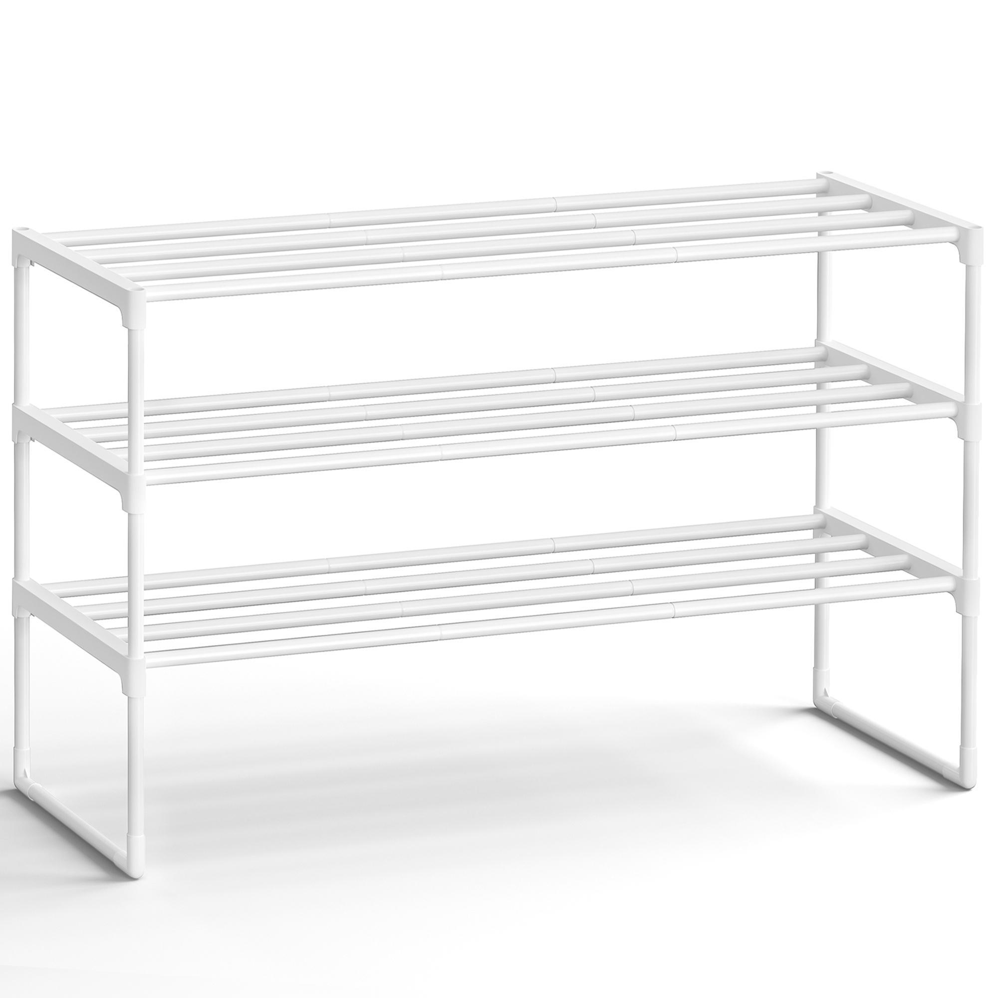 Skostativ med 3 hylder - smalt og stabelbart, metal, perlehvid, 30 × 92 × 55 cm (LSA303W03)