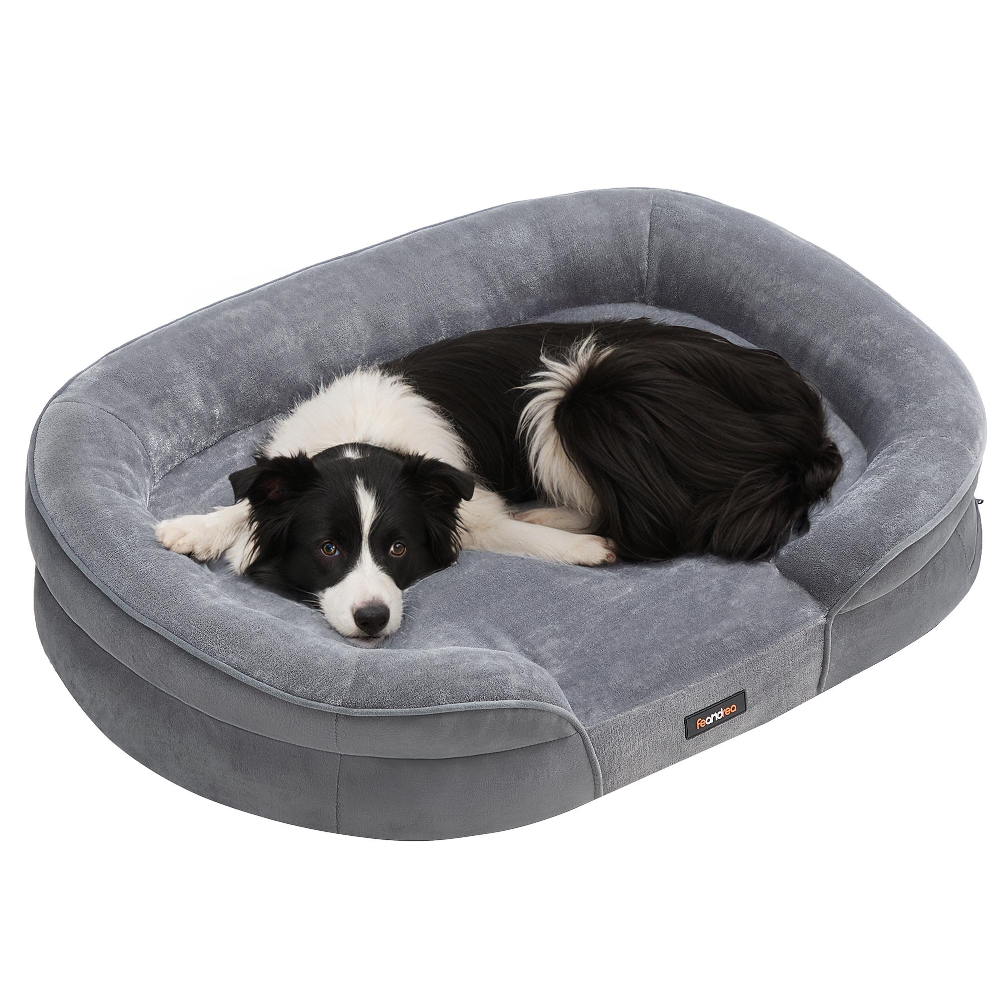 FEANDREA orthopædisk hundeseng/sofa - large, 91 × 68 × 18 cm, æggebakke-skum, vandtæt inderbetræk, aftageligt og maskinvaskbart overtræk, skridsikker bund, lysegrå