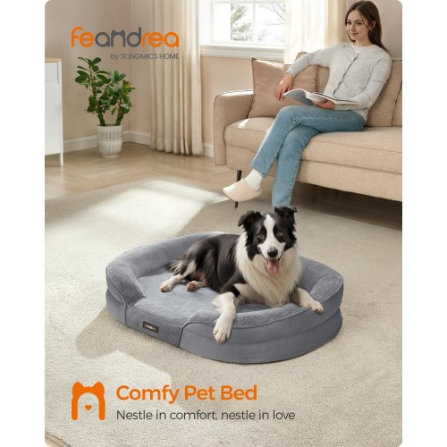 FEANDREA orthopædisk hundeseng/sofa - large, 91 × 68 × 18 cm, æggebakke-skum, vandtæt inderbetræk, aftageligt og maskinvaskbart overtræk, skridsikker bund, lysegrå