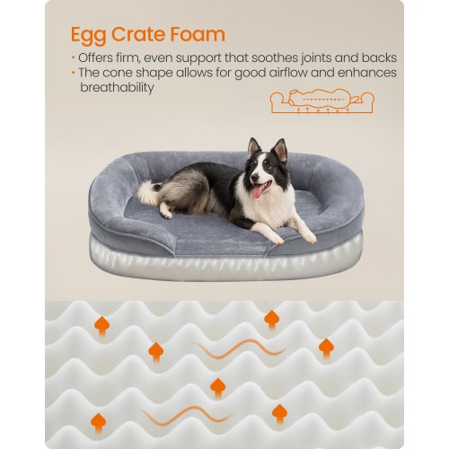 FEANDREA orthopædisk hundeseng/sofa - large, 91 × 68 × 18 cm, æggebakke-skum, vandtæt inderbetræk, aftageligt og maskinvaskbart overtræk, skridsikker bund, lysegrå
