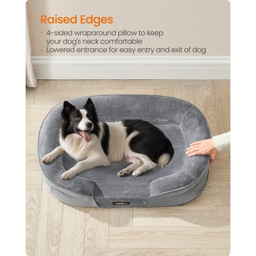 FEANDREA orthopædisk hundeseng/sofa - large, 91 × 68 × 18 cm, æggebakke-skum, vandtæt inderbetræk, aftageligt og maskinvaskbart overtræk, skridsikker bund, lysegrå