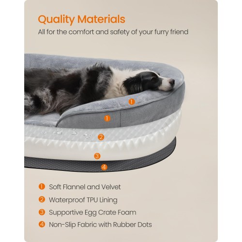 FEANDREA orthopædisk hundeseng/sofa - large, 91 × 68 × 18 cm, æggebakke-skum, vandtæt inderbetræk, aftageligt og maskinvaskbart overtræk, skridsikker bund, lysegrå