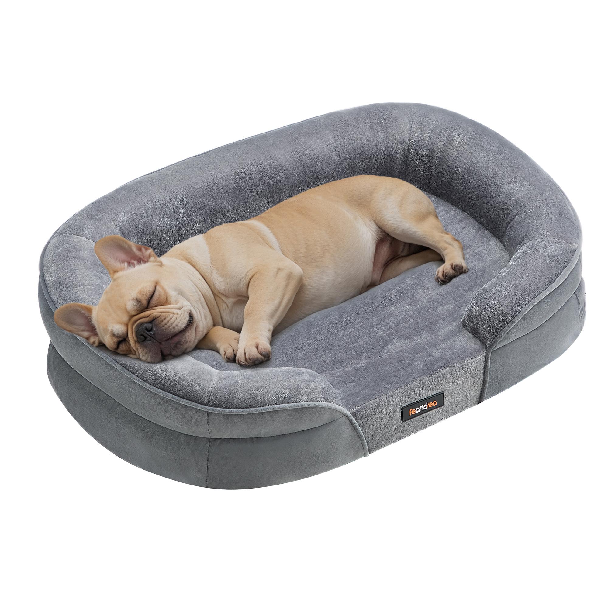 Feandrea ortopædisk hundeseng/sofa - medium, 76 × 51 × 18 cm, æggebakke-skum, vandtæt inderfor, aftageligt vaskbart betræk, skridsikker - lysegrå (UPGW281G01)