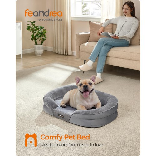 Feandrea ortopædisk hundeseng/sofa - medium, 76 × 51 × 18 cm, æggebakke-skum, vandtæt inderfor, aftageligt vaskbart betræk, skridsikker - lysegrå (UPGW281G01)