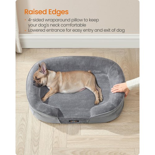 Feandrea ortopædisk hundeseng/sofa - medium, 76 × 51 × 18 cm, æggebakke-skum, vandtæt inderfor, aftageligt vaskbart betræk, skridsikker - lysegrå (UPGW281G01)