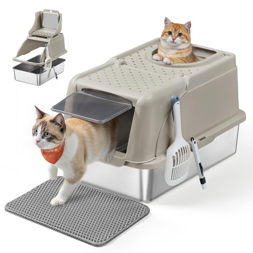 Feandrea kattebakke i rustfrit stål med flip-låg, XL – lækagesikker, dobbelt indgang, inkl. skovl, børste og måtte – cappuccino beige