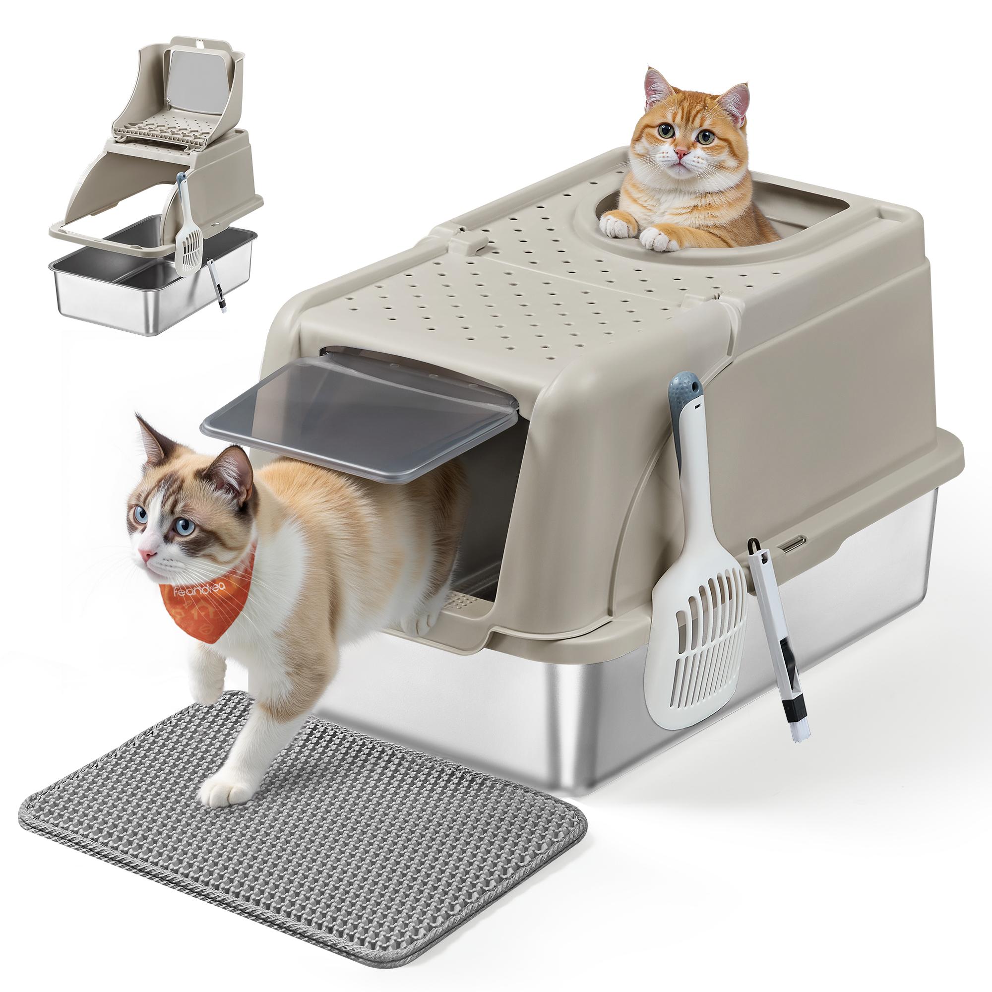 Feandrea kattebakke i rustfrit stål med flip-låg, XL – lækagesikker, dobbelt indgang, inkl. skovl, børste og måtte – cappuccino beige