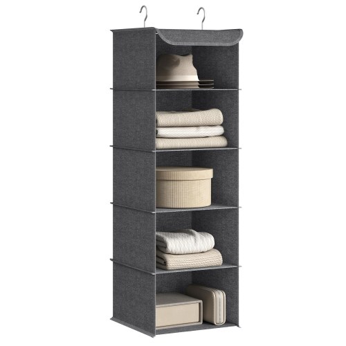 Hængende garderobeorganisator med 5 hylder - foldbar stofreol med metalkroge og bambusindsatser, grå (30×30×90 cm)
