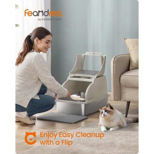 Feandrea kattebakke i rustfrit stål med flip-låg, XL – lækagesikker, dobbelt indgang, inkl. skovl, børste og måtte – cappuccino beige