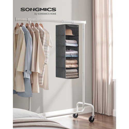 Hængende garderobeorganisator med 5 hylder - foldbar stofreol med metalkroge og bambusindsatser, grå (30×30×90 cm)