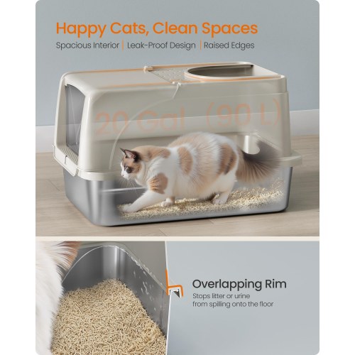 Feandrea kattebakke i rustfrit stål med flip-låg, XL – lækagesikker, dobbelt indgang, inkl. skovl, børste og måtte – cappuccino beige