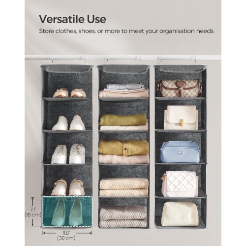 Hængende garderobeorganisator med 5 hylder - foldbar stofreol med metalkroge og bambusindsatser, grå (30×30×90 cm)
