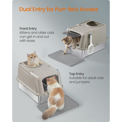Feandrea kattebakke i rustfrit stål med flip-låg, XL – lækagesikker, dobbelt indgang, inkl. skovl, børste og måtte – cappuccino beige