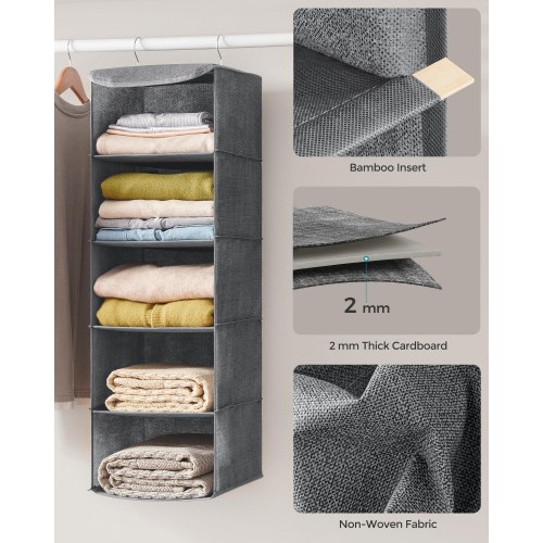 Hængende garderobeorganisator med 5 hylder - foldbar stofreol med metalkroge og bambusindsatser, grå (30×30×90 cm)